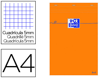 BLOC BUREAU OXFORD A4 PAPIER VLIN SURFIN AGRAF EN TTE COUVERTURE ENVELOPPANTE 210X297MM 80F 80G 5X5MM 160PAG ORANGE