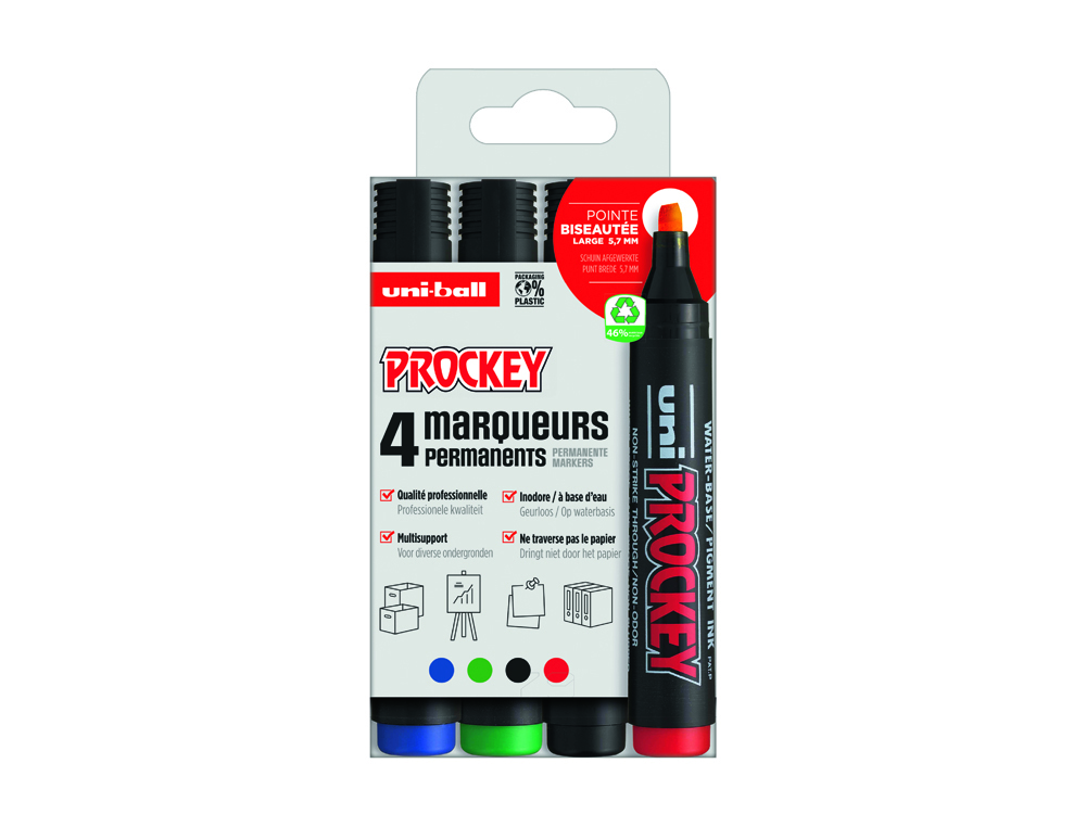 MARQUEUR UNIBALL UNI PROCKEY PM126 PERMANENT POINTE BISEAUTEE POCHETTE 4 UNITES BLEU ROUGE VERT NOIR
