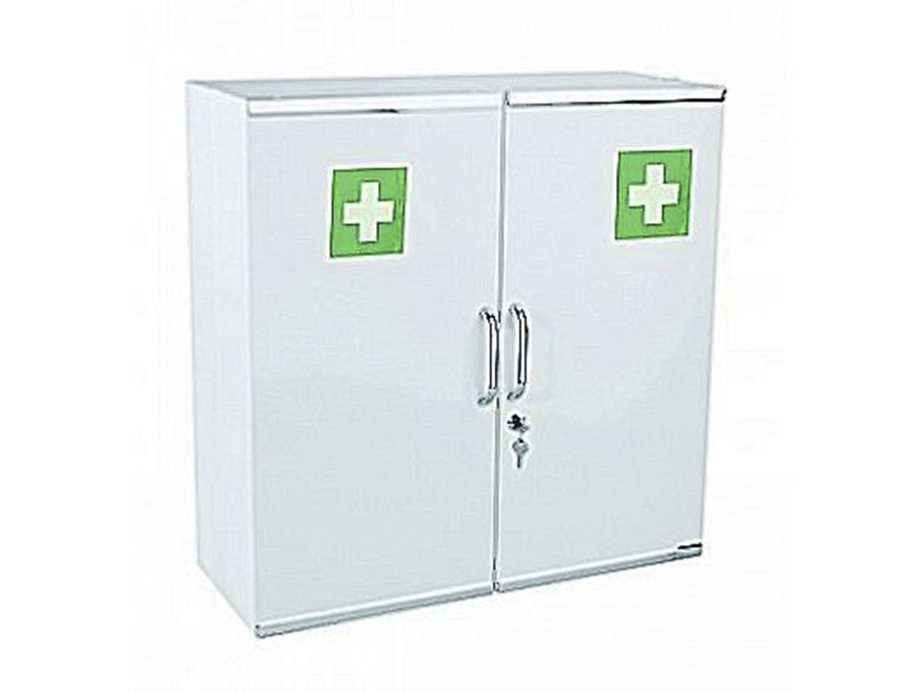 ARMOIRE PHARMACIE 2 PORTES MTAL TAGRES RGLABLES PLASTIQUE FERMETURE CL 2 CROIX VERTES SRIGRAPHIES 54X20,5X55,5CM