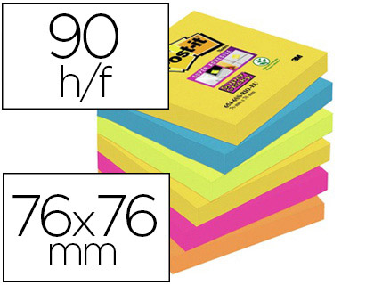 BLOC-NOTES POST-IT SUPER STICKY COULEUR CARNIVAL 76X76MM 90FJAU/NEO/BLEU MER/VEJAU ON/FUCHSIA/ORANGE NON 6 BLOCS