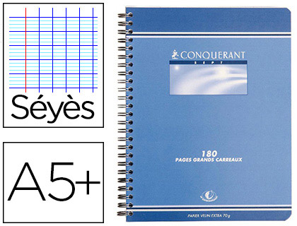 CAHIER CONQURANT SEPT RELIURE INTGRALE COUVERTURE OFFSET A5+ 17X22CM 180 PAGES 70G SYS