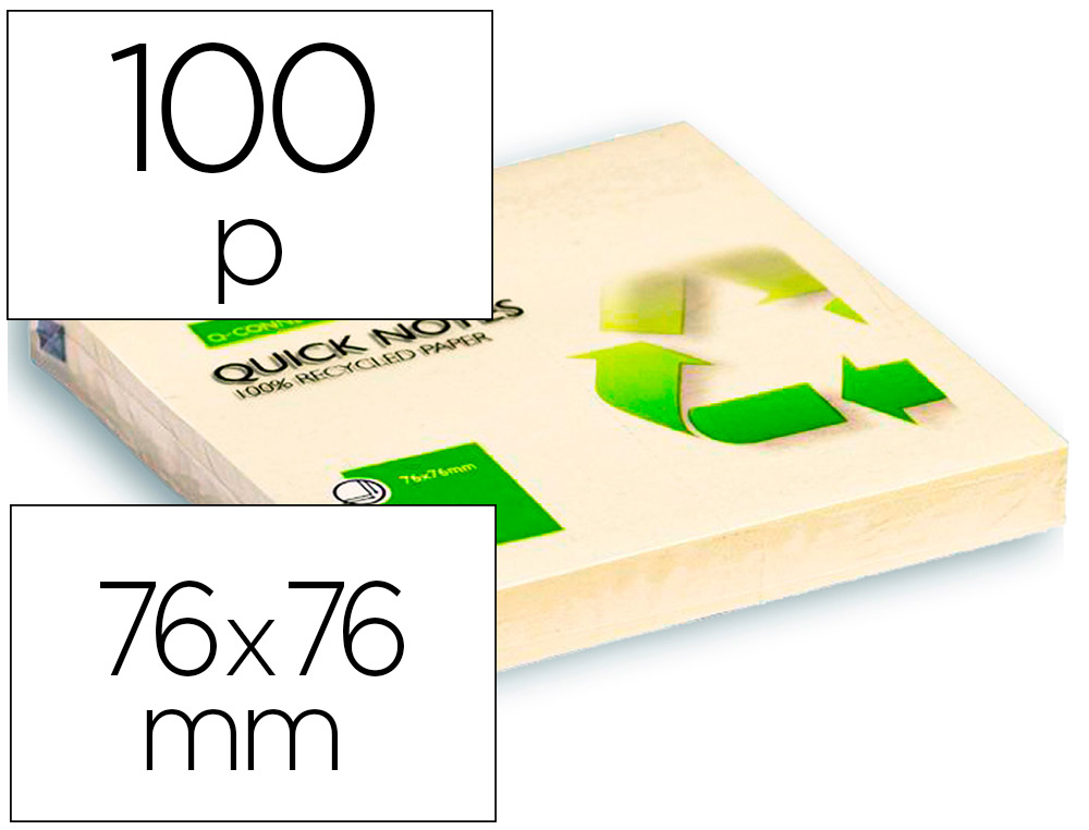 BLOC-NOTES Q-CONNECT QUICK NOTES PAPIER RECYCL 76X76MM 100F REPOSITIONNABLES COLORIS JAUNE